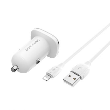 Автомобильное ЗУ Borofone BZ12 2.4A 2 USB + Кабель USB to Lightning  White