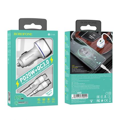 Автомобильное ЗУ Borofone BZ14A PD20W+QC3.0 Type-C to Type-C 3A White