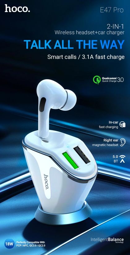 Автомобильное ЗУ Hoco E47 Pro Traveller wireless headset QC3.0 (2USB/ 3.1A) с гарнитурой White