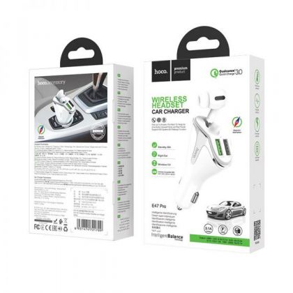 Автомобильное ЗУ Hoco E47 Pro Traveller wireless headset QC3.0 (2USB/ 3.1A) с гарнитурой White