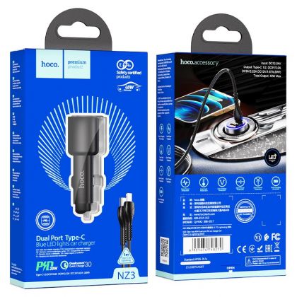 Автомобильное ЗУ Hoco NZ3 Clear way 40W dual port PD car QC charger set(Type-C to Lightning) Black