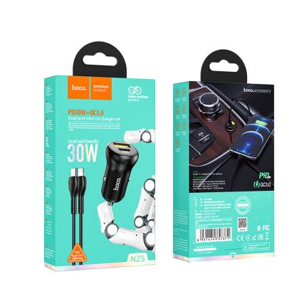 Автомобильное ЗУ Hoco NZ5 Smooth road PD30W+QC3.0 car charger set(Type-C to Lightning) Black
