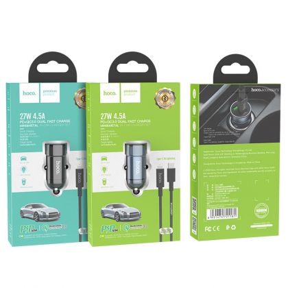 Автомобильное ЗУ Hoco Z32B PD+QC3.0(1USB/ 1USB-C/ 4A) + Cable Type-C to iPhone Gray