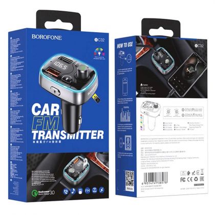 Автомобильное зарядное устройство Borofone BC32 2 USB QC c FM-модулятором серебристо-черное