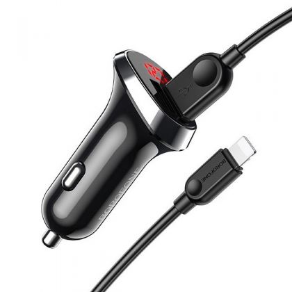 Автомобильное зарядное устройство Borofone BZ15 2 USB c дисплеем черное + кабель USB to Lightning iPhone