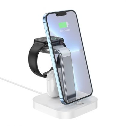 Беспроводное зарядное устройство Hoco CW43 10W Graceful 3-in-1 (MagSafe/AppleWatch) белое