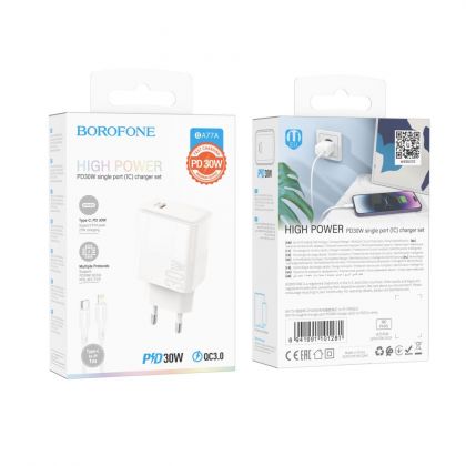 Сетевое Зарядное Устройство Borofone BA77A Insightful PD/QC 30W Type-C to Lightning Белый