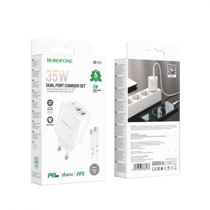 Сетевое Зарядное Устройство Borofone BN9 Reacher PD/QC (2 USB-C) 35W Type-C to Type-C Белый