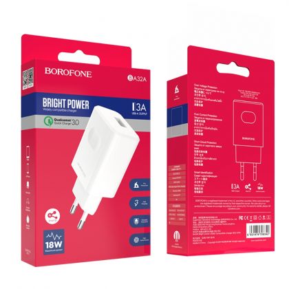 Сетевое зарядное устройство Borofone BA32A 1USB/3A QC белое + кабель USB to Type-C