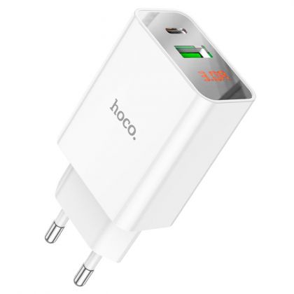 Сетевое зарядное устройство Hoco C100A USB/ Type-C QC PD с дисплеем белое