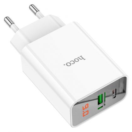 Сетевое зарядное устройство Hoco C100A USB/ Type-C QC PD с дисплеем белое