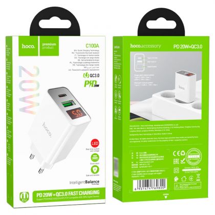 Сетевое зарядное устройство Hoco C100A USB/ Type-C QC PD с дисплеем белое