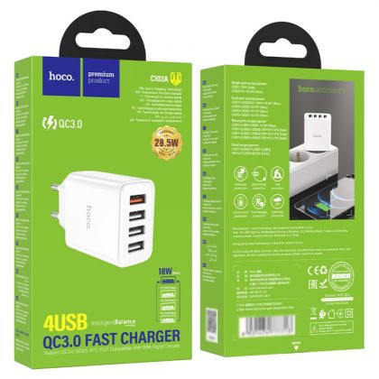 Сетевое зарядное устройство Hoco C102A 4 USB QC белое