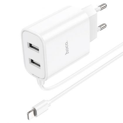 Сетевое зарядное устройство Hoco C103A 2 USB белое с кабелем Lightning