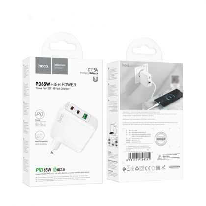 Сетевое зарядное устройство Hoco C115A 2 Type-C/ USB PD 65W белое