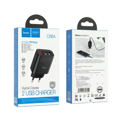 Сетевое зарядное устройство Hoco C86A 2 USB с дисплеем черное