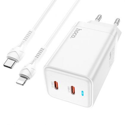 Сетевое зарядное устройство Hoco N23 2 Type-C PD 45W белое + кабель Type-C to Lightning