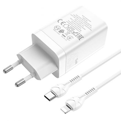 Сетевое зарядное устройство Hoco N23 2 Type-C PD 45W белое + кабель Type-C to Lightning