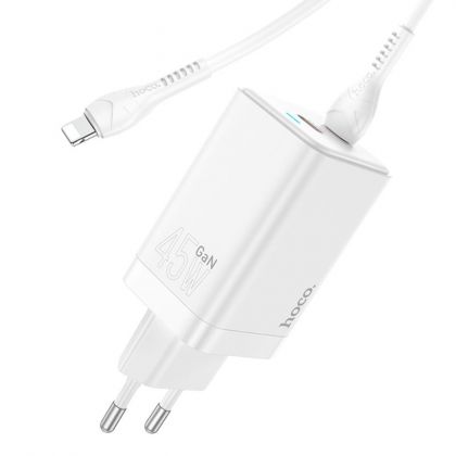 Сетевое зарядное устройство Hoco N23 2 Type-C PD 45W белое + кабель Type-C to Lightning