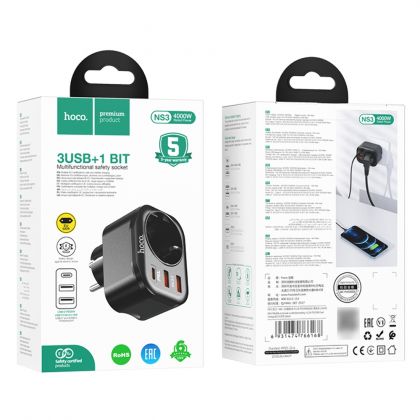 Сетевое зарядное устройство переходник Hoco NS3 USB/ 2 Type-C QC PD 1 розетка черное
