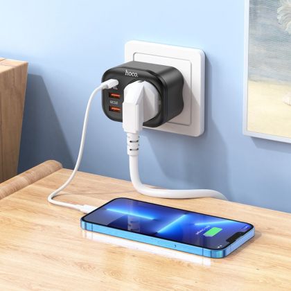 Сетевое зарядное устройство переходник Hoco NS3 USB/ 2 Type-C QC PD 1 розетка черное