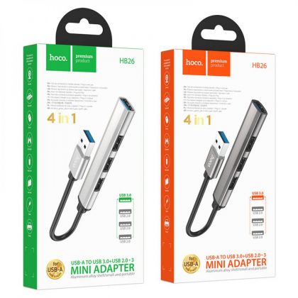 УДАЛИТЬ ДУБЛЬ USB Hub Hoco HB26 4 in 1 adapter(USB to USB3.0+USB2.0*3) Серый