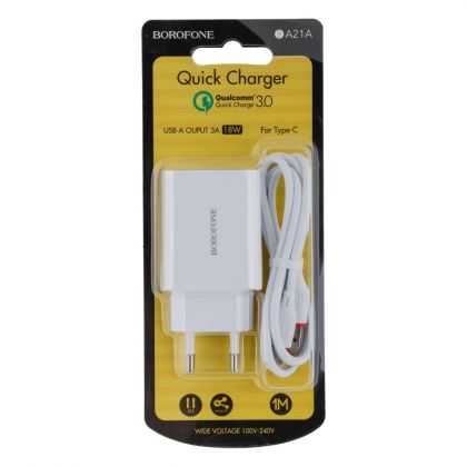 Зарядное устройство Borofone BA21A QC 3.0 18W + Type-C Cable White