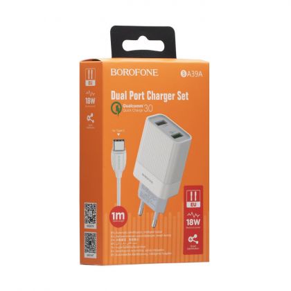 Зарядное устройство Borofone BA39A QC3.0 Type-C 2USB 18W White