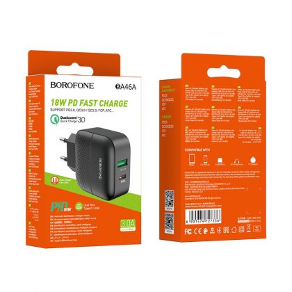 Зарядное устройство Borofone BA46A PD+QC3.0 1USB/3A Black