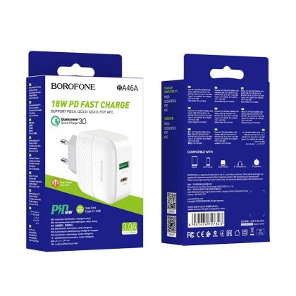 Зарядное устройство Borofone BA46A PD+QC3.0 1USB/3A White
