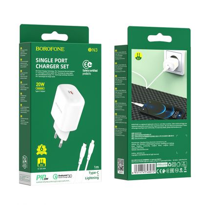 Зарядное устройство Borofone BN3 Premium PD 20W Type-C to Lightning QC3.0 White