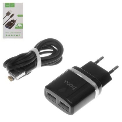 Зарядное устройство Hoco C12 2USB 2.4A Black + Cable iPhone Lightning Black