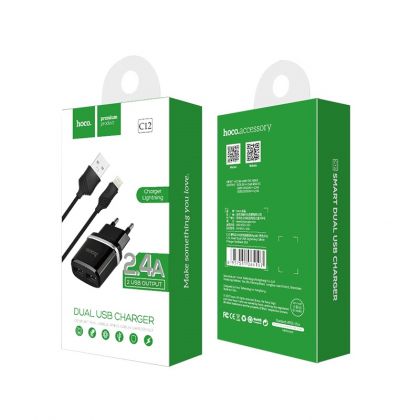 Зарядное устройство Hoco C12 2USB 2.4A Black + Cable iPhone Lightning Black