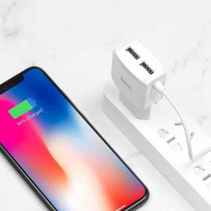 Зарядное устройство Hoco C59A Mega joy 2USB 2.4A white + Cable Lightning