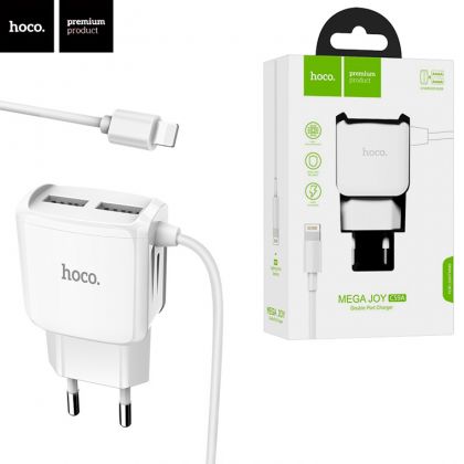 Зарядное устройство Hoco C59A Mega joy 2USB 2.4A white + Cable Lightning