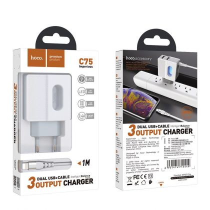 Зарядное устройство Hoco C75 Imperious (2USB/ 2.4A) + Cable iPhone White