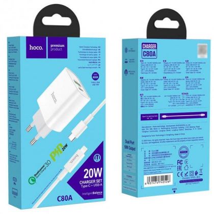 Зарядное устройство Hoco C80A PD 20W + QC3.0 Type-C to Lightning White