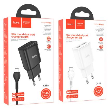 Зарядное устройство Hoco C88A (2USB/ 2.4A) + Cable iPhone White