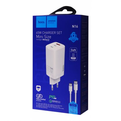 Зарядное устройство Hoco N16 65W PD+QC3.0 (1USB/ 2Type-C) + Type-C - Type-C White