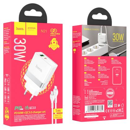 Зарядное устройство Hoco N21 Topspeed PD30W+QC3.0 Type-C to Lightning White