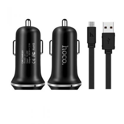 Автомобильное ЗУ Hoco Z1 2USB Black + USB Cable MicroUSB (2.1A)