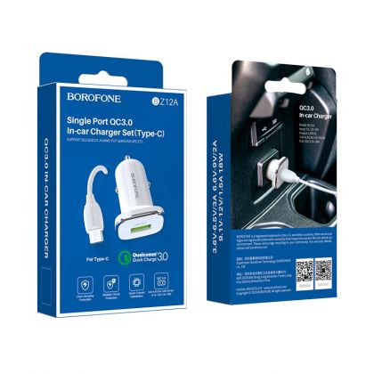 Автомобильное ЗУ Borofone BZ12A QC 3.0 18W + Кабель USB to Type-C White