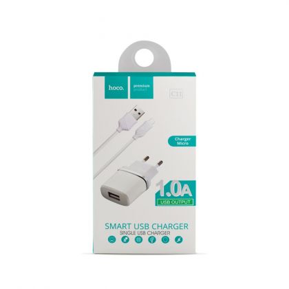 Зарядное устройство Hoco C11 White 1USB + USB Cable MicroUSB (1A)