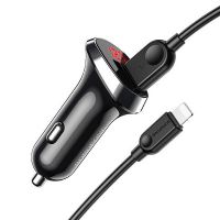 Автомобильное зарядное устройство Borofone BZ15 2 USB c дисплеем черное + кабель USB to Lightning iPhone