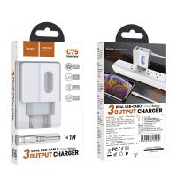 Зарядное устройство Hoco C75 Imperious (2USB/ 2.4A) + Cable iPhone White